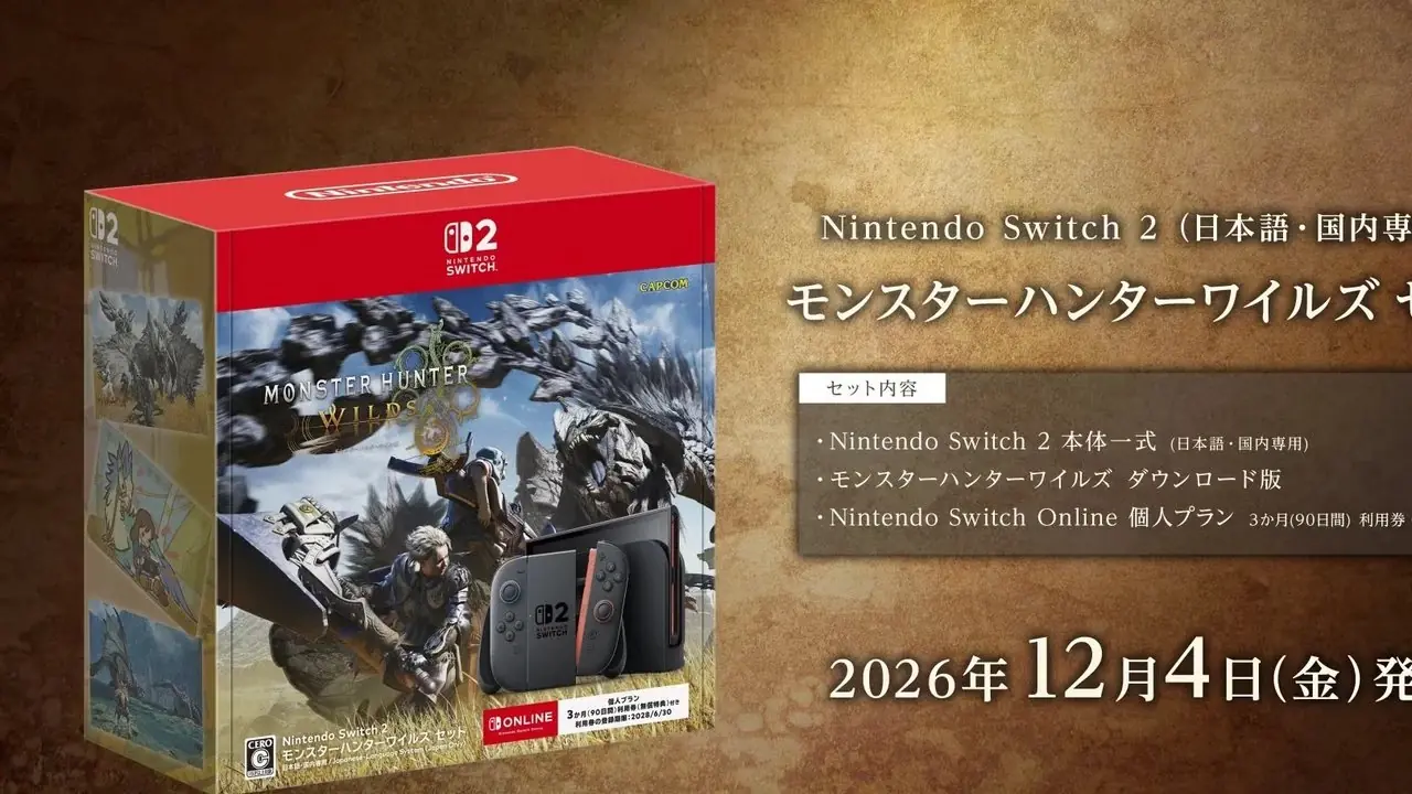En Nintendo Switch 2-konsol och handkontroll placerad framför en suddig bakgrundsbild från Monster Hunter Wilds.