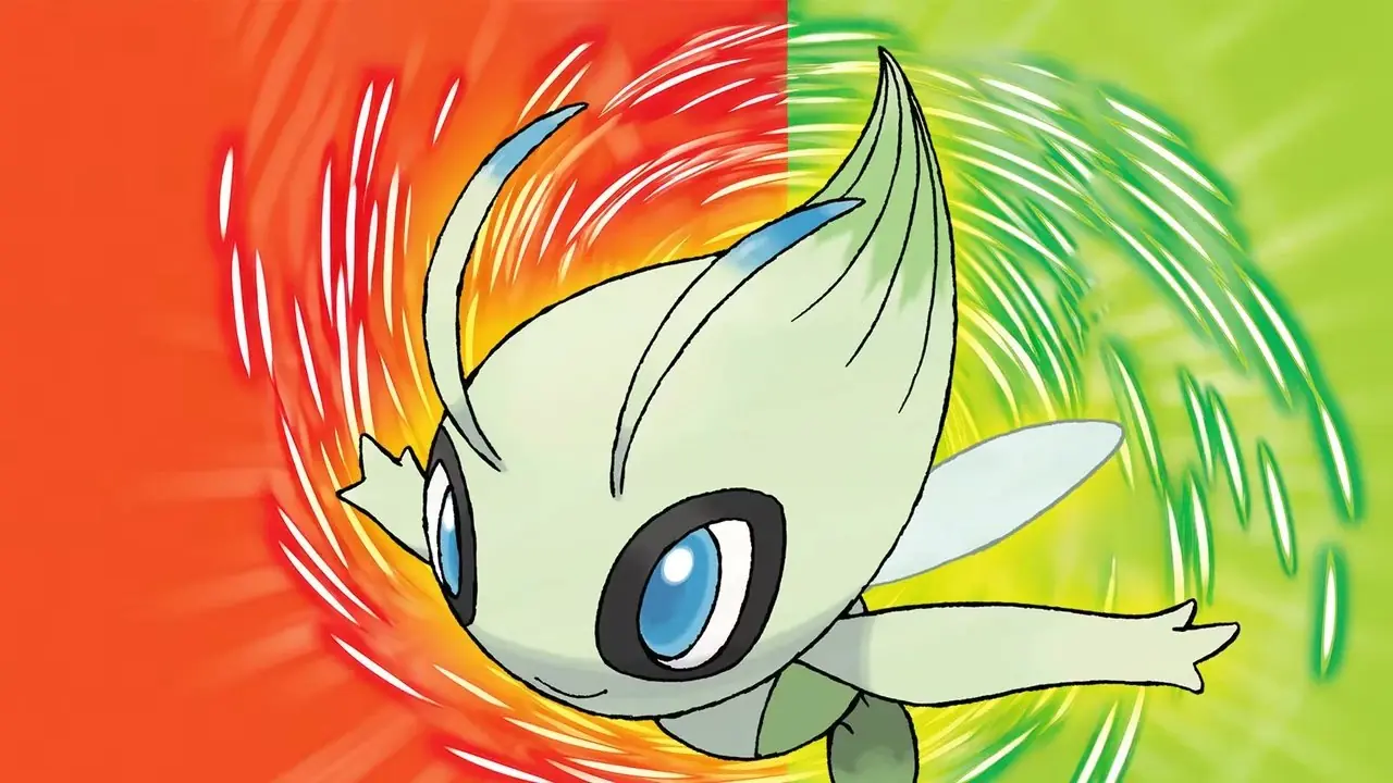 Uma imagem de Celebi com um fundo de cores divididas do Pokémon FRLG