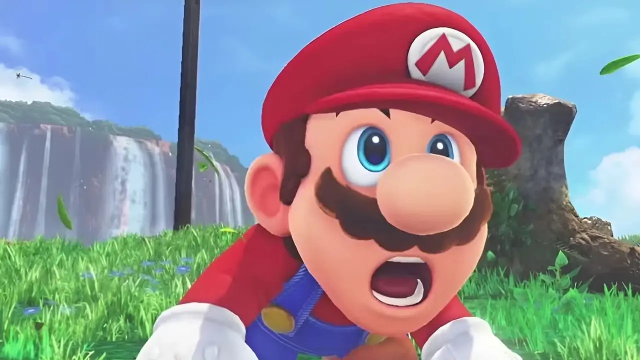 Uma imagem de Mario segurando um cogumelo em frente a um papel de parede desfocado do Nintendo Direct.