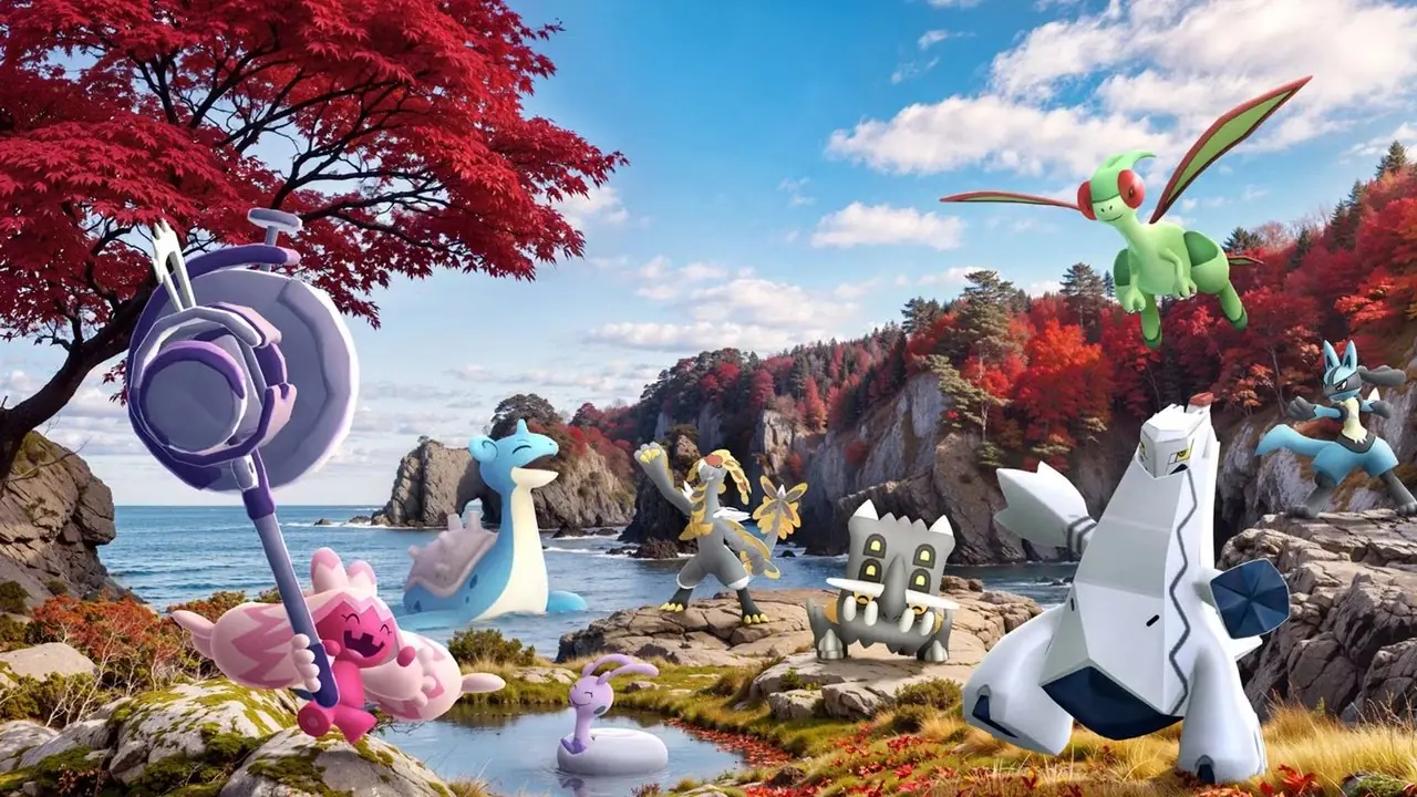 Imagen promocional oficial para el pase Pokémon Go de noviembre, con Groudon y una imagen de Pokémoneda.