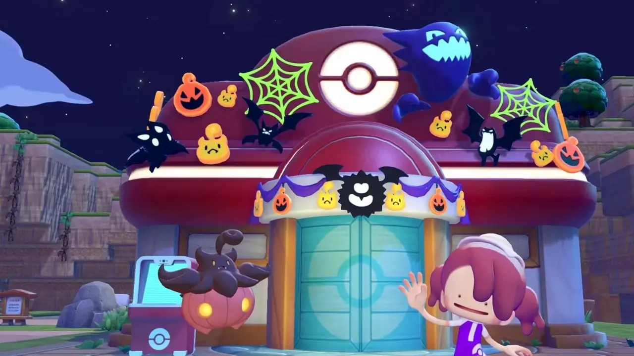 Pokémon Pokopia Ditto con Gourgeist y decoraciones de Halloween
