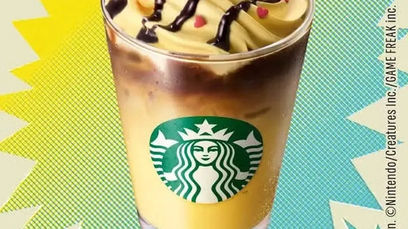 Logotipo de Starbucks y montaje de colaboración de Pokémon. Característica del jugador.
