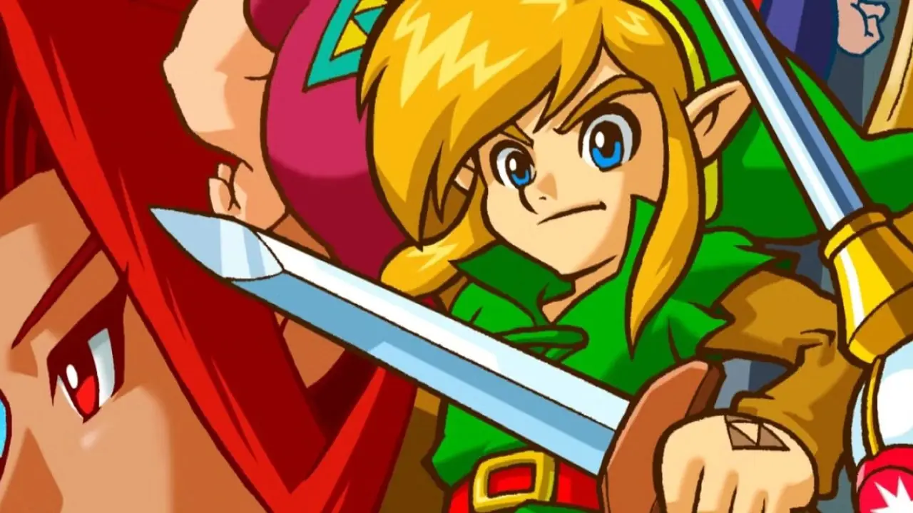 Kawałek kluczowej grafiki z Legend Of Zelda Oracle Of Seasons pokazujący łącze otoczone postaciami z gry Kawałek kluczowej grafiki z Legend Of Zelda Oracle Of Seasons pokazujący łącze otoczone postaciami z gry