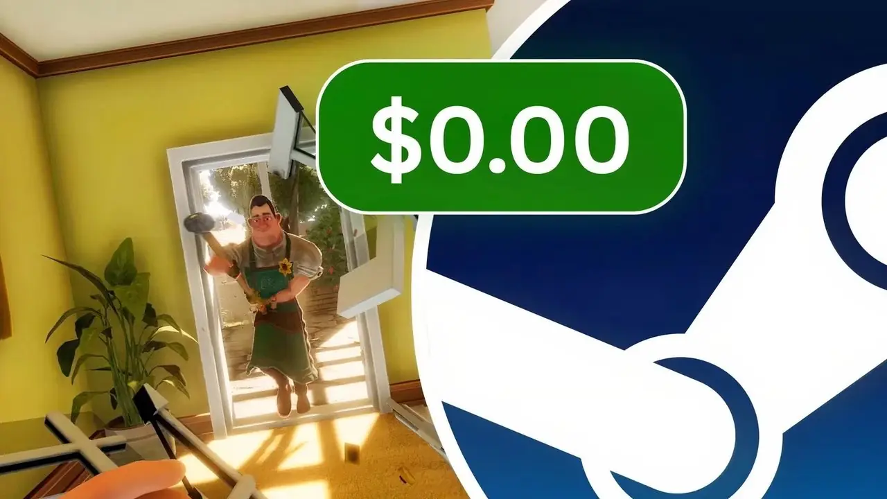 logo Steam z plakietką 0,00 $ i widoczną w tle ilustracją działań wojennych sąsiadów na przedmieściach.