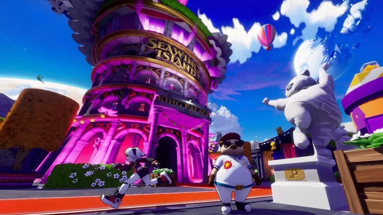le gamin au chapeau d'un jeu de chapeau dans le temps à côté de Sonic avec un arrière-plan flou montrant l'île dans l'Odyssée récupérée.