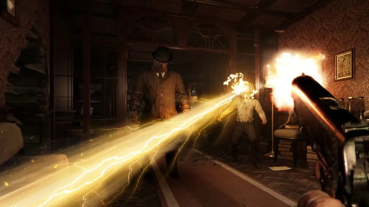 モーション ブラーがかかった一人称シューティング ゲームのシーンの上に、「-100%」の割引タグが付いた輝く Epic Games Store のロゴ。