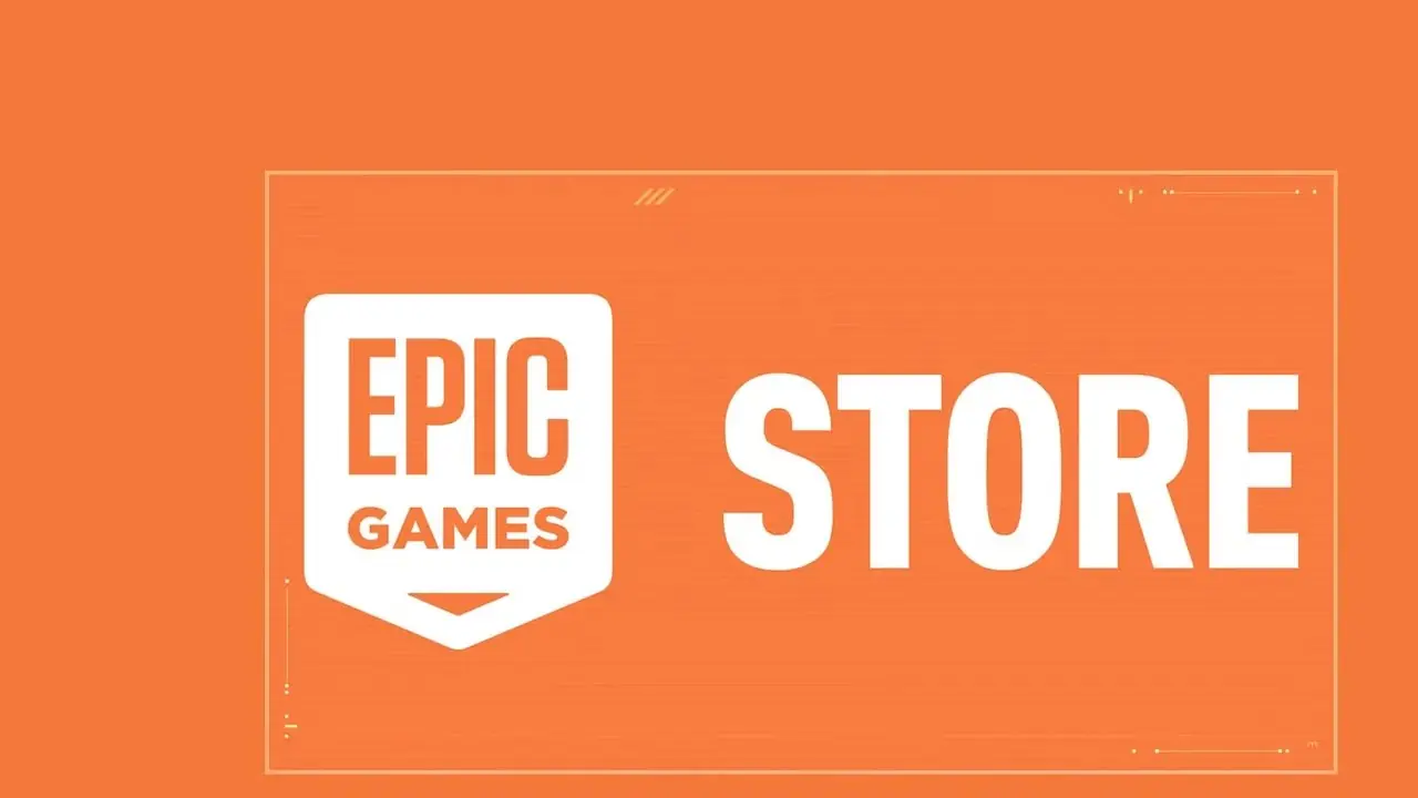 Un logotipo blanco de Epic Games Store dentro de un delgado marco blanco sobre un fondo naranja crayola.
