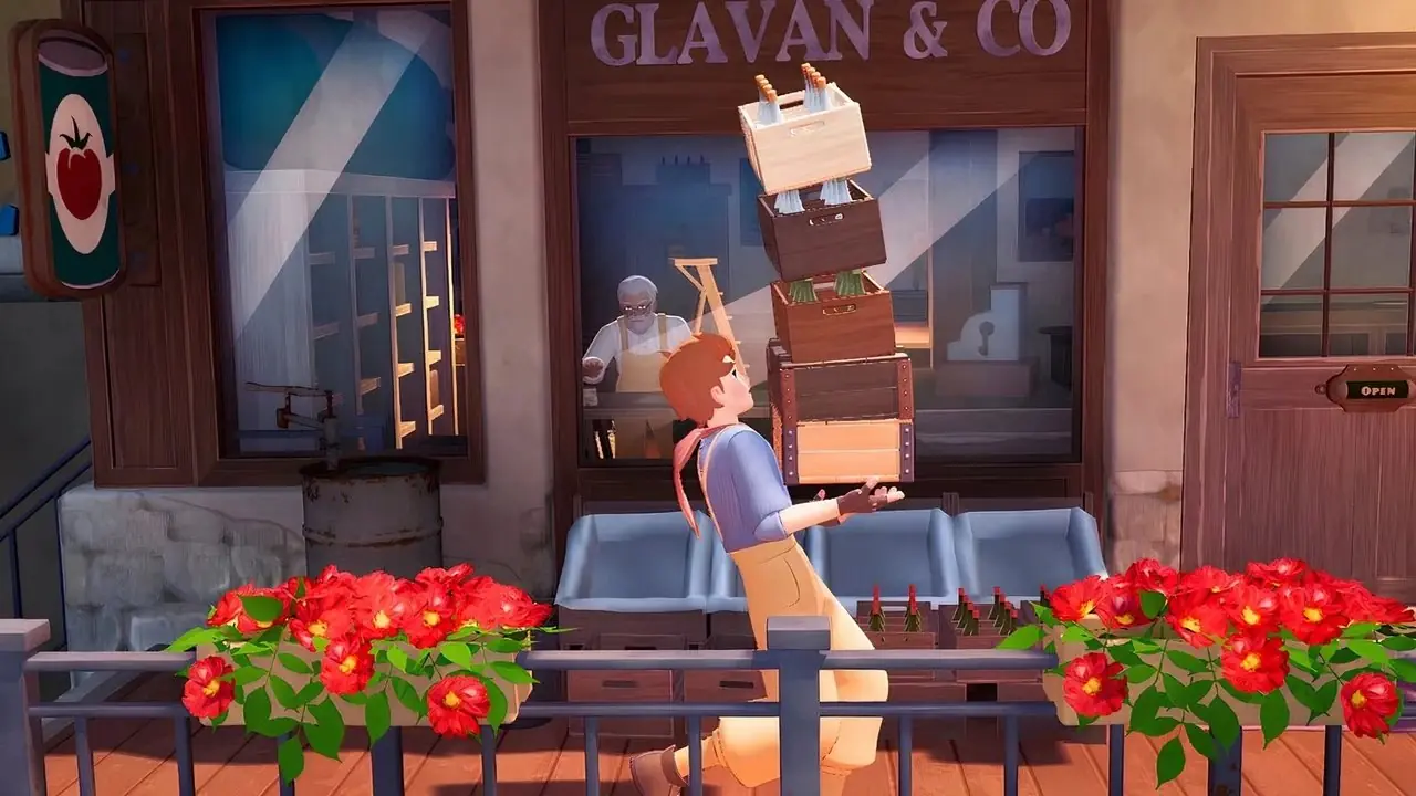 Der Protagonist steht im Wind und trägt eine Ladung in ein Geschäft.