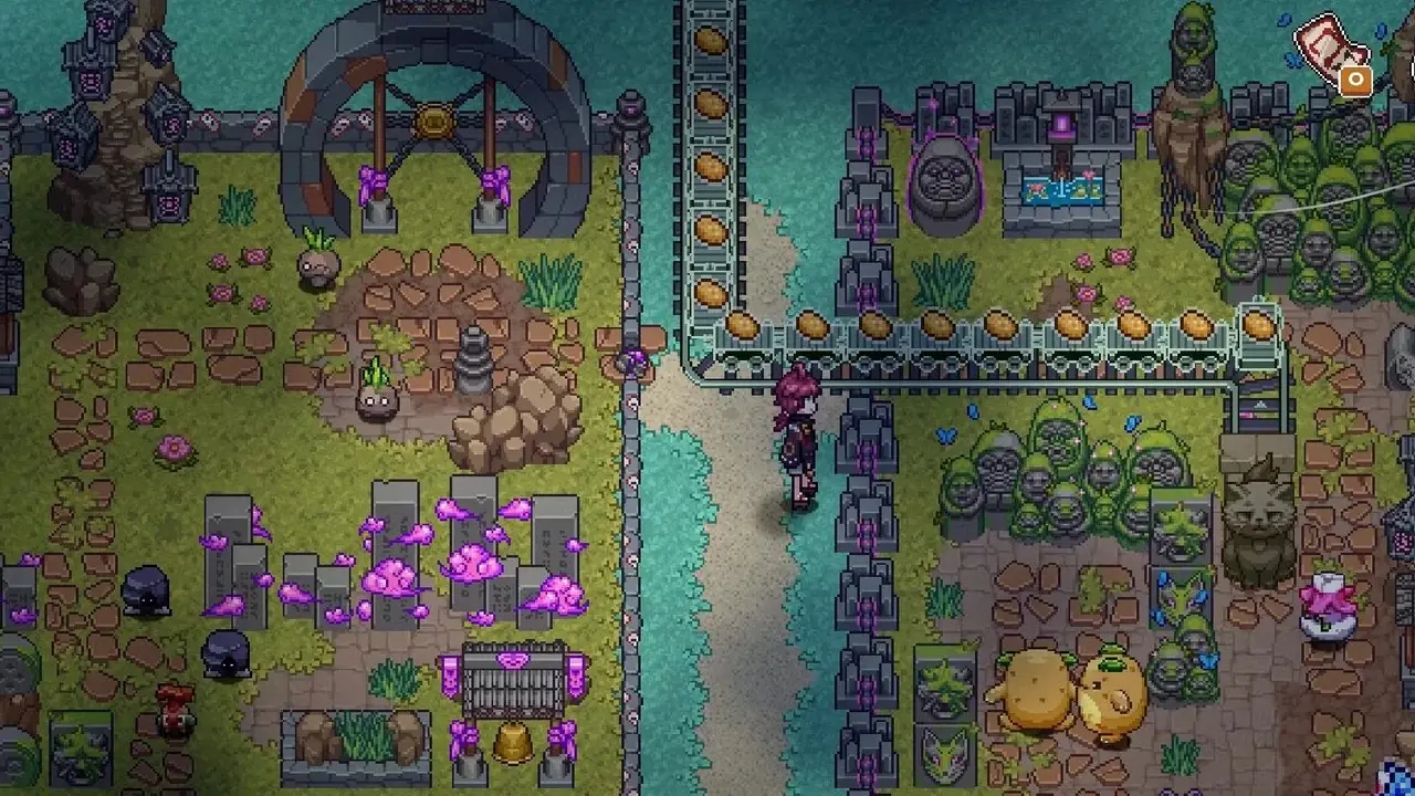 Ein Spielercharakter, der in Spirit Rancher einen Baum fällt