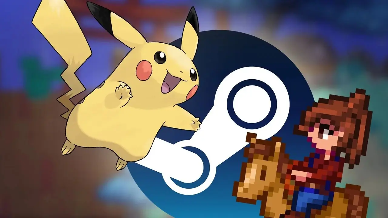 Et uskarpt bilde av Spirit Rancher med Steam-logoen, Pikachu og spillerkarakteren fra Stardew Valley lagt på toppen
