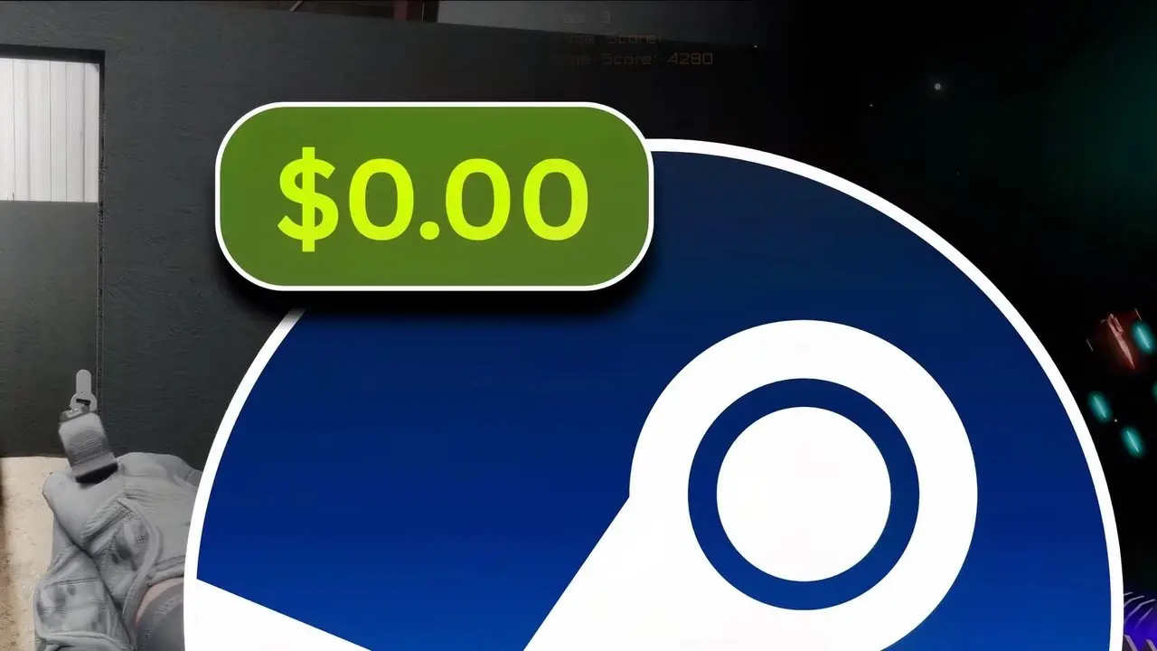 Steam 标志，带有 0.00 美元徽章，背景是宇宙追逐者和战术任务目标冲锋的图像。