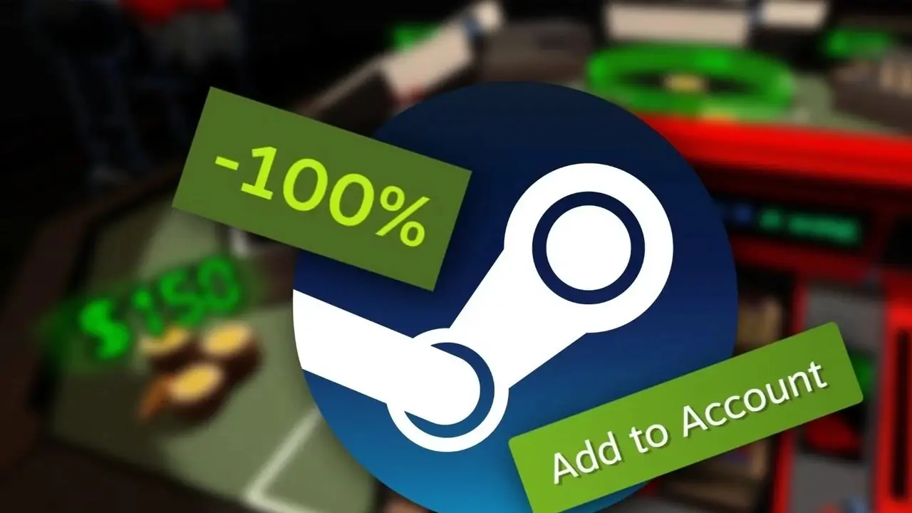 Logotipo de Steam con botones de descuento y probabilidades explosivas borrosas en el fondo.