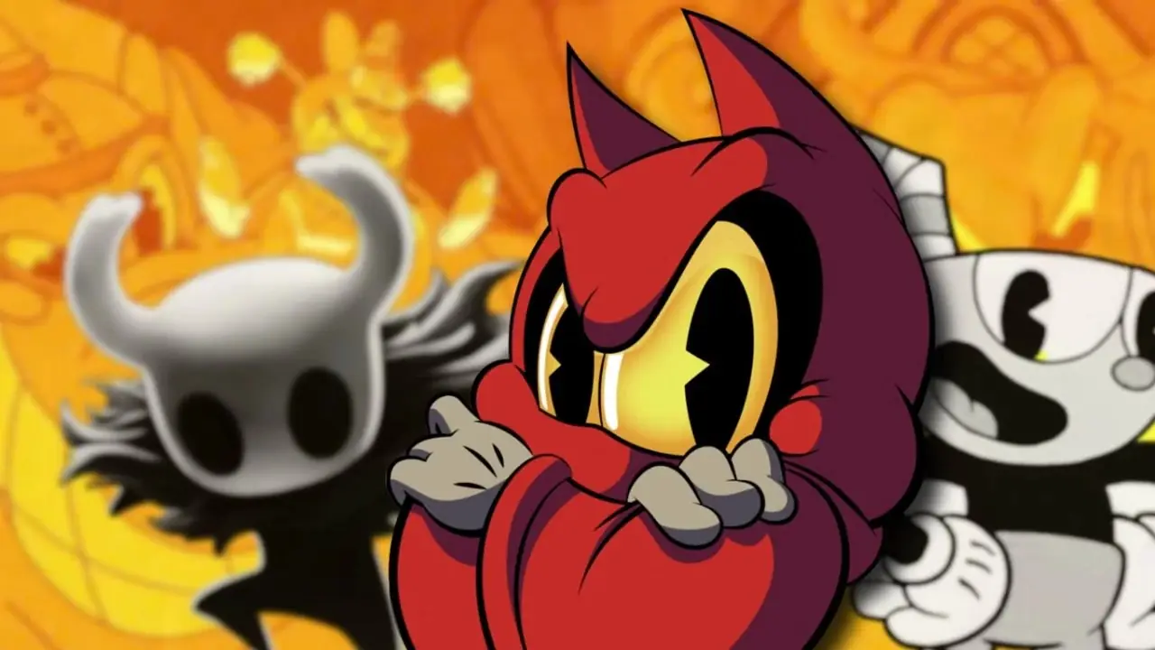 Moylos Protagonist in der Mitte mit den Figuren Cuphead und Hollow Knight links und rechts.
