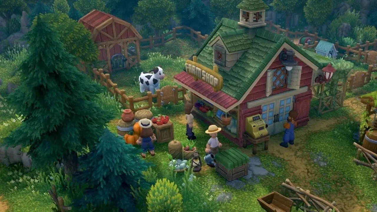 Der Wohnwagen des Spielers auf der Insel Luma parkt neben einer Miniaturfarm.