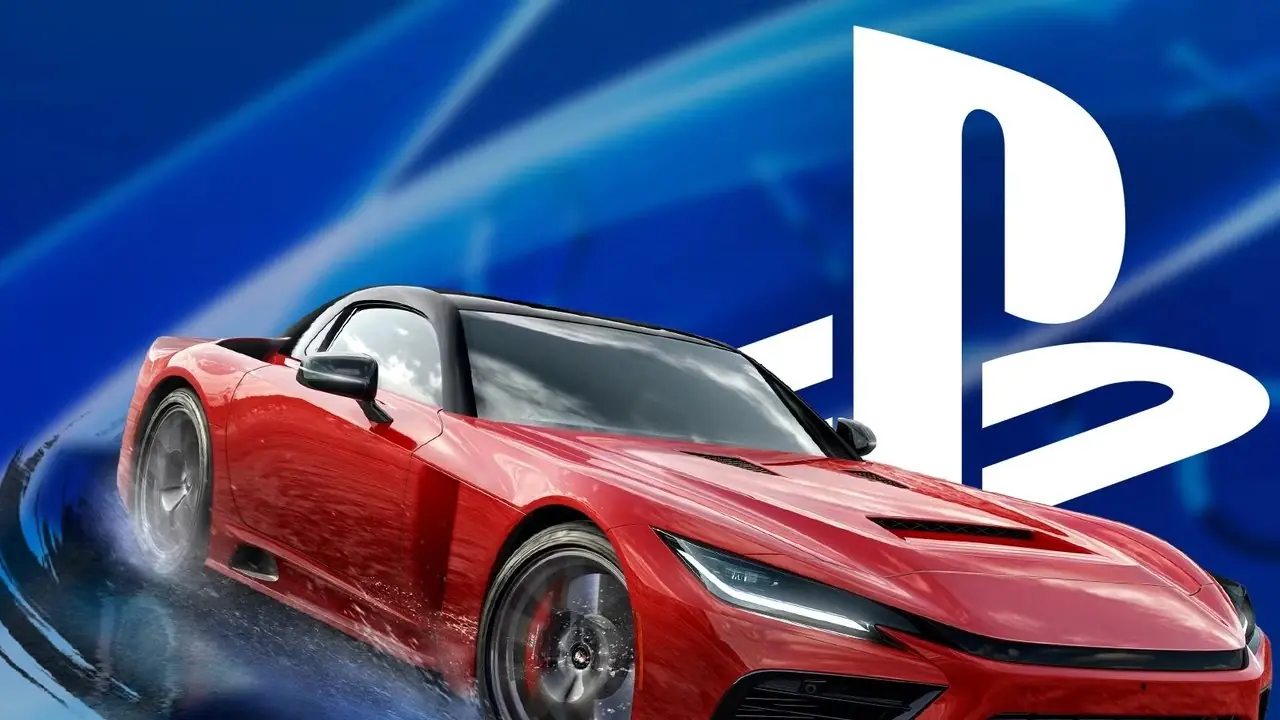 Forza Horizon 6'dan kırmızı bir arabanın arkasındaki PlayStation logosunun görüntüsü.