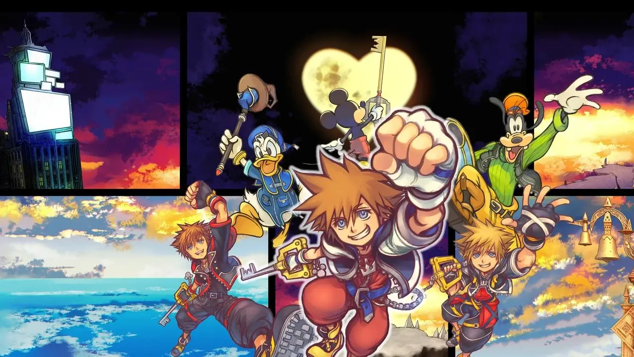 Una imagen de Kingdom Hearts Collection [1~3] que muestra a Donald, Sora, el Rey Mickey y Goofy enfrentándose a un enemigo fuera de la pantalla.