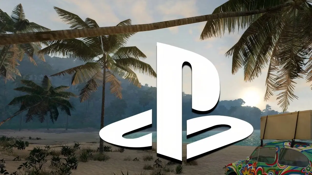 Logotipo de Playstation sobre una captura de pantalla de una playa en beamng.drive.