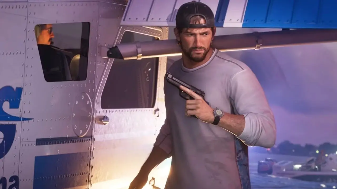 I personaggi di gta 6 lucia e jason nell'illustrazione esclusiva di netflix accanto a una console ps5 e xbox series x.