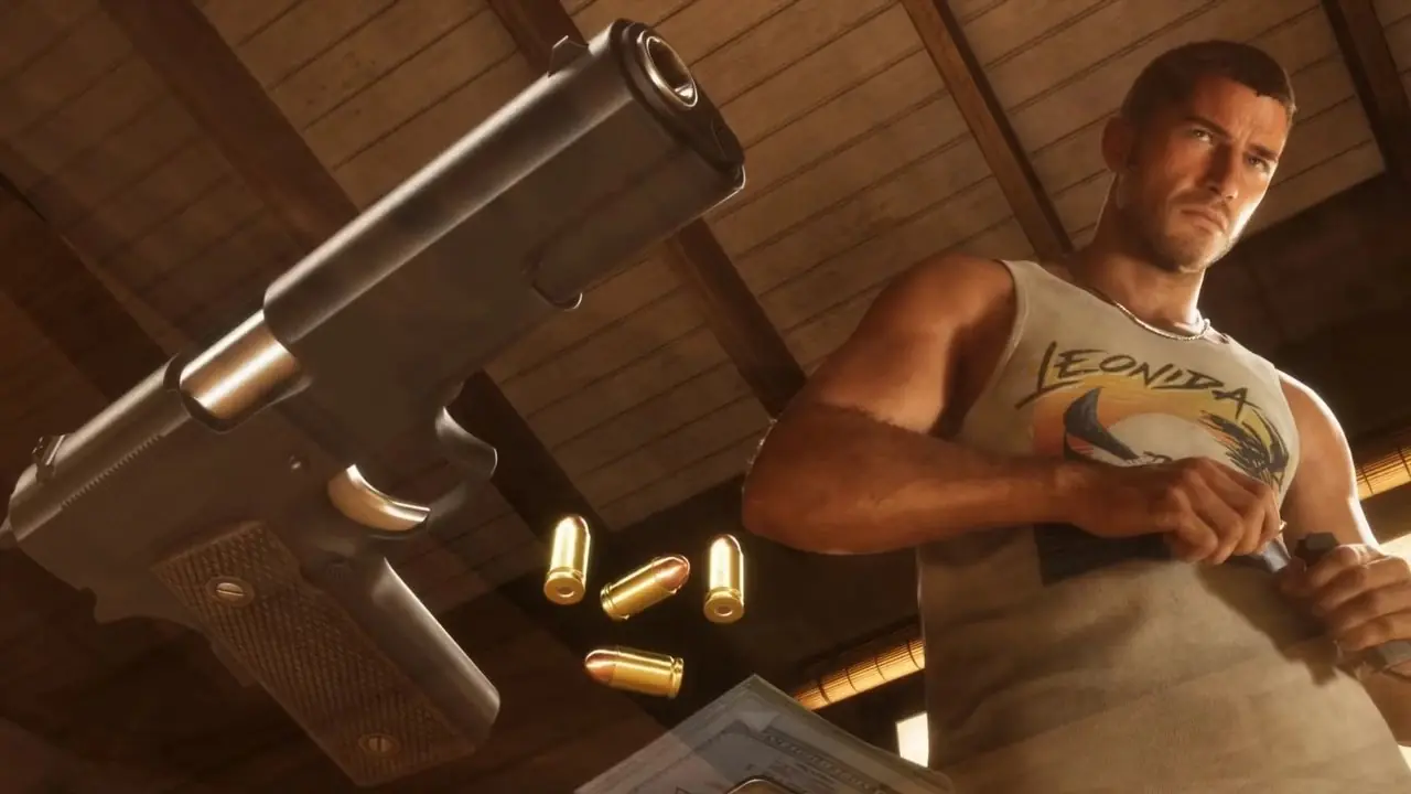 GTA6のジェイソンがピストルを持って飛行機に乗り込み、犯罪現場から逃走しようとしています。