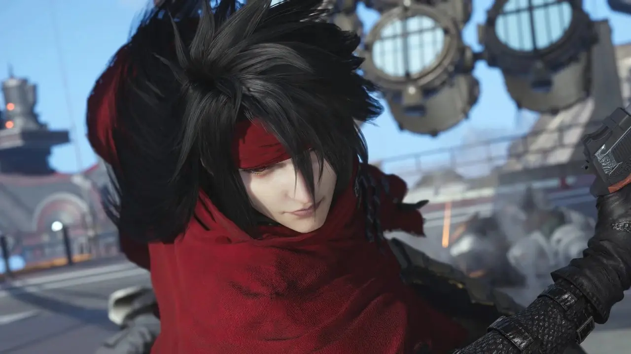 Een afbeelding van een PS5 Pro-console en Vincent Valentine uit Final Fantasy 7 Revelation bovenop een wazige wereldkaart.