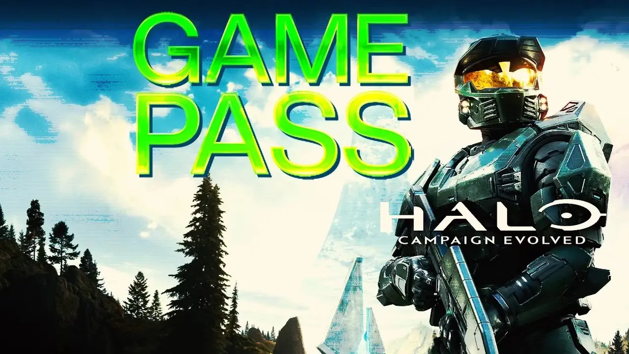 Un luminoso cartello rotondo verde acqua per Xbox Game Pass che emana un bagliore dorato davanti a uno screenshot di Halo: Campaign Evolved di Master Chief mentre manovra una mitragliatrice su un veicolo.