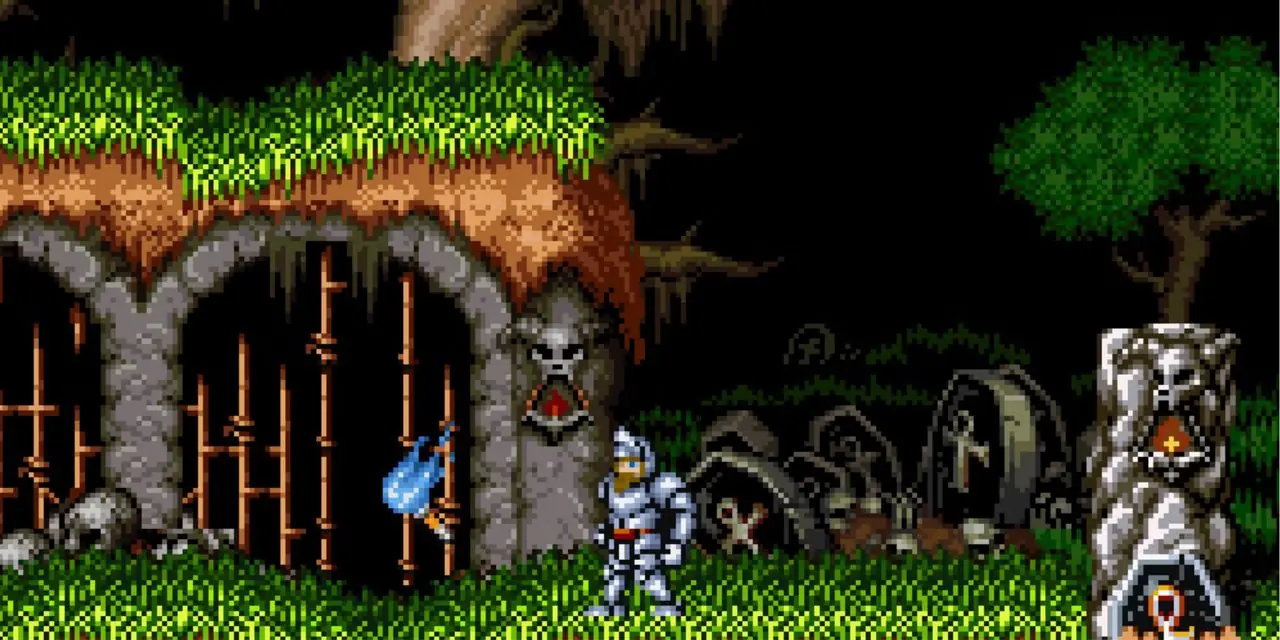 スーパーグールズ＆ゴーストのゲームプレイ画面が墓地をつかむ