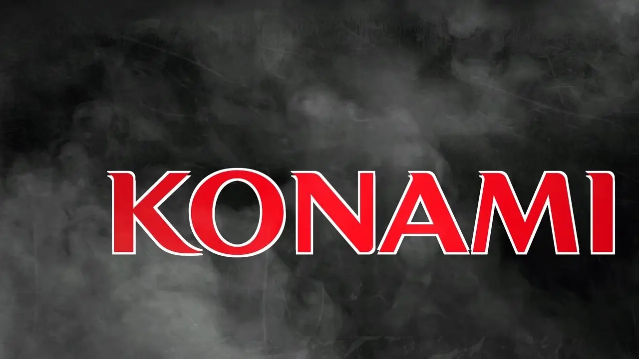 Un logotipo rojo de Konami con un contorno blanco sobre un fondo ahumado.