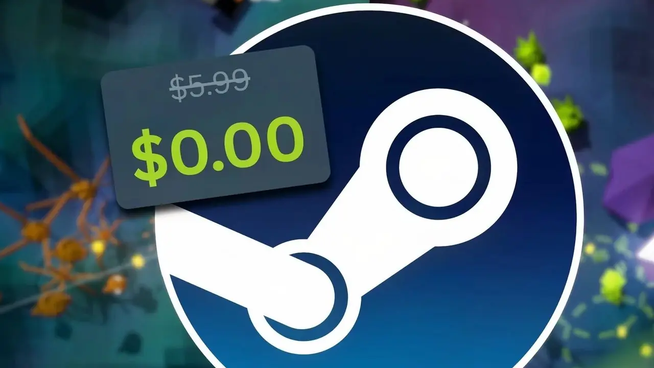 Logotipo de Steam con una insignia de 100% de descuento e imágenes borrosas de Fobos en el fondo.