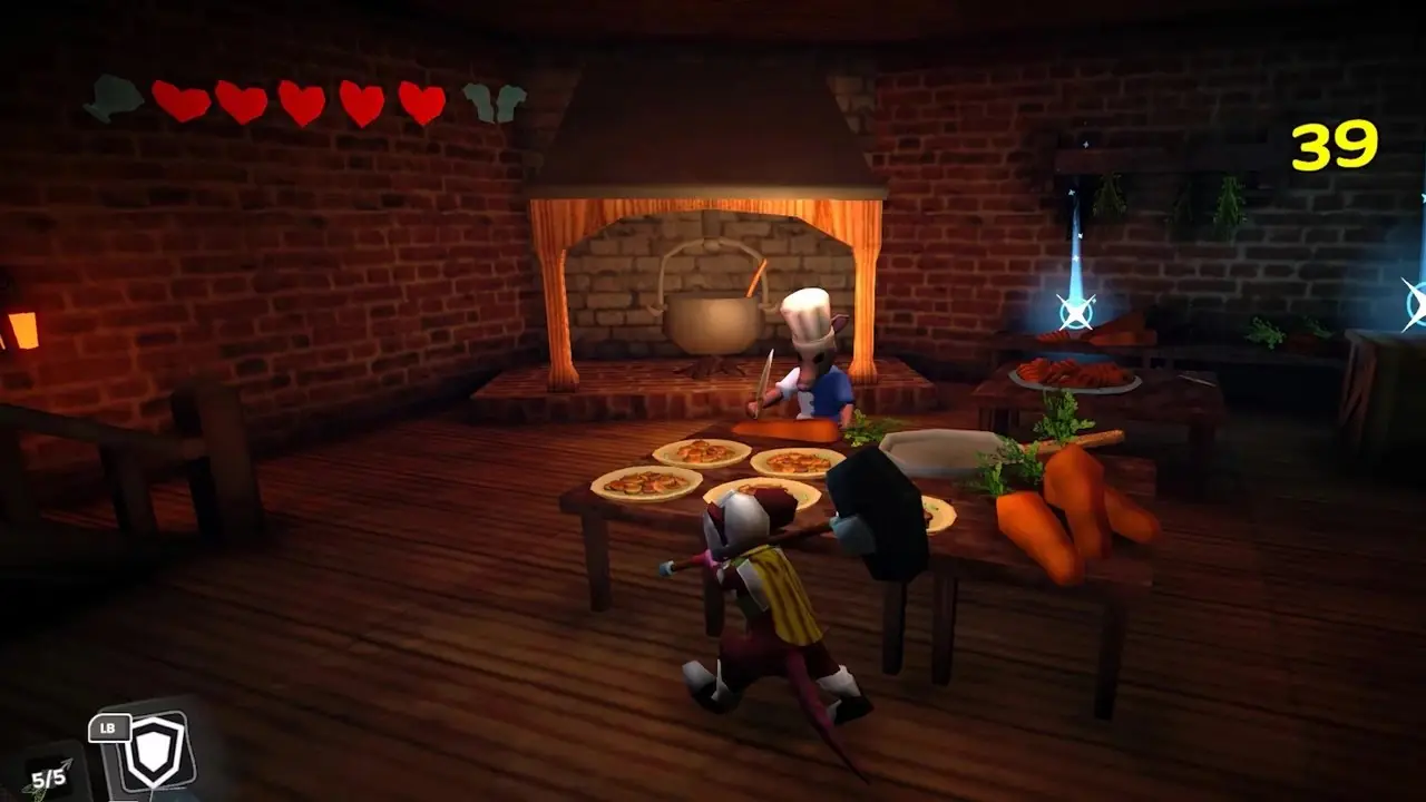 Protagonista empuñando un martillo gigante a dos manos en Mouseward