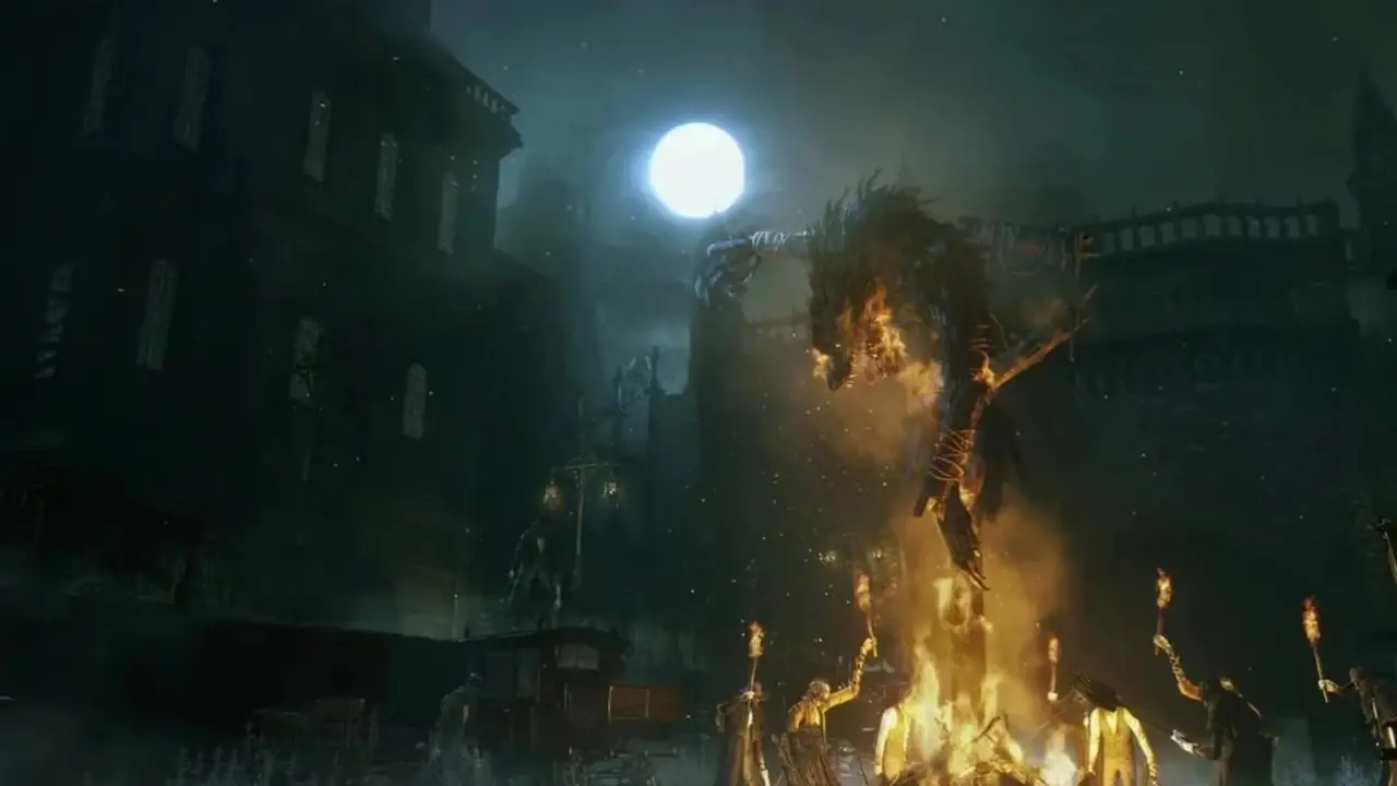Caminando por Yharnam justo antes de la batalla contra el jefe Cleric Beast en el puente