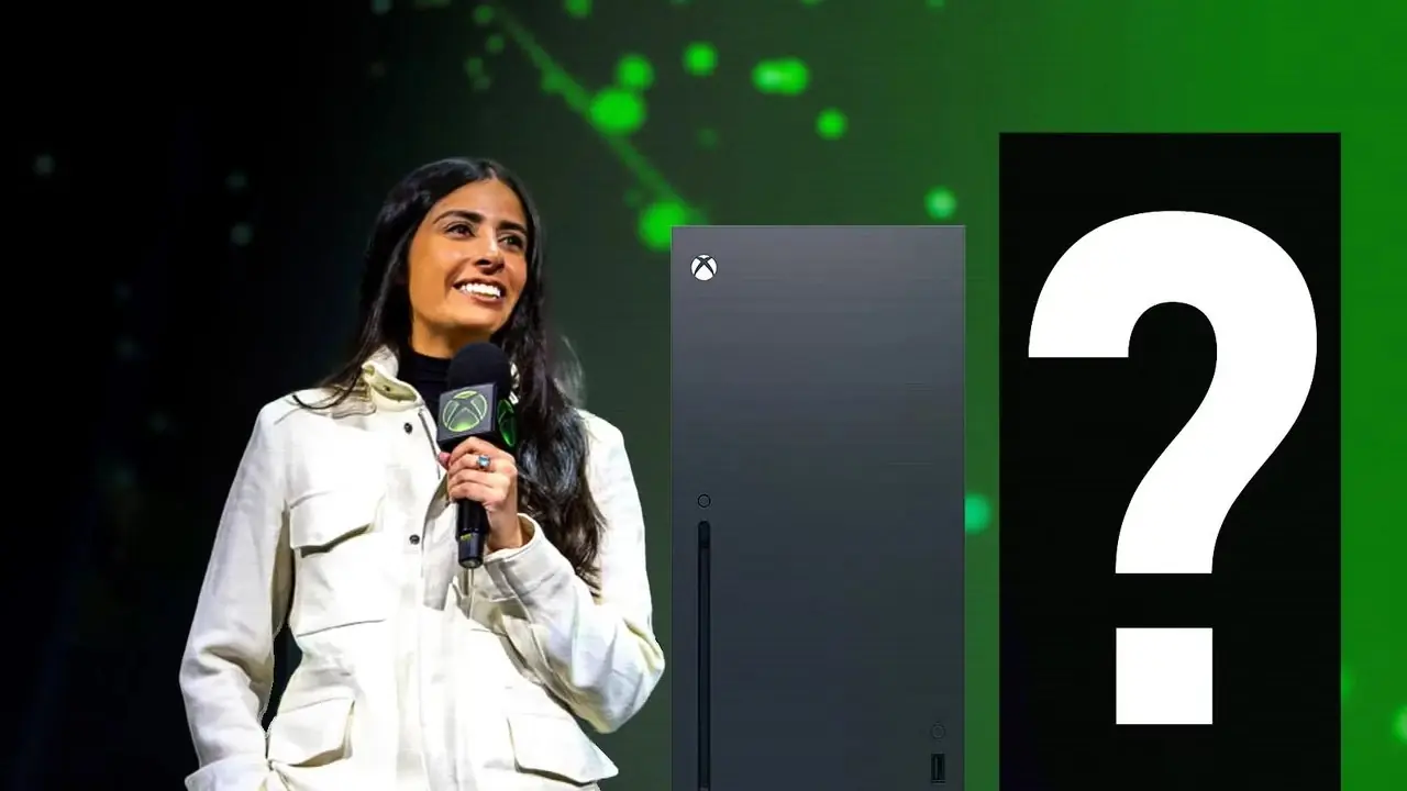 Xbox Series X 콘솔 옆에 Xbox 브랜드 마이크를 들고 있는 여성이 녹색과 검정색 배경에 큰 물음표가 있는 더 큰 콘솔의 실루엣 옆에 있습니다.