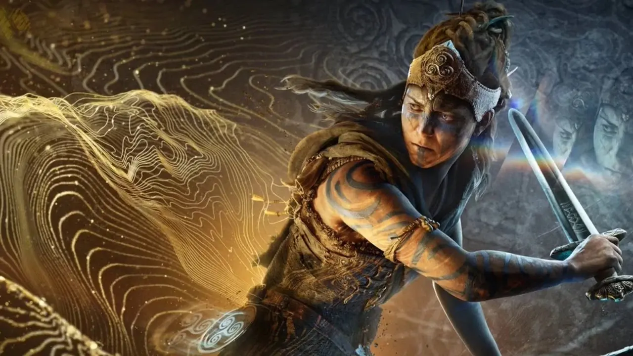 Senua debout devant un arbre en feu