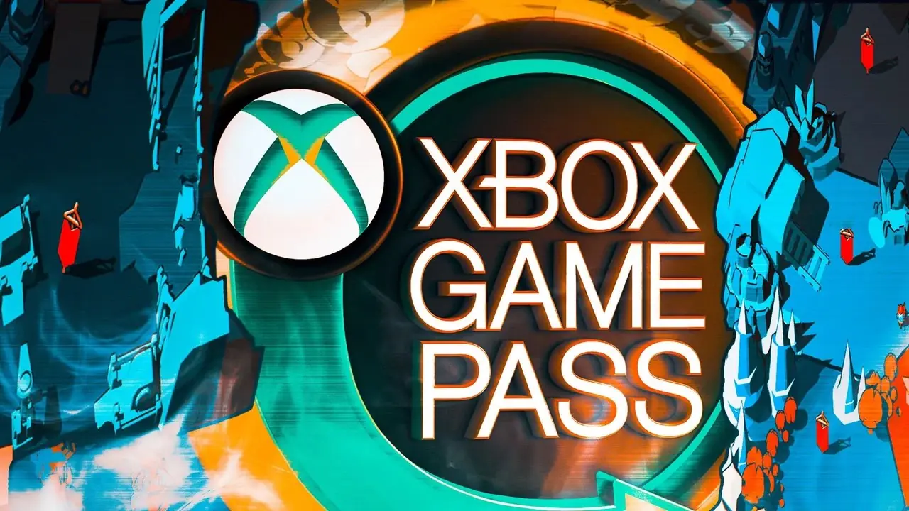 절벽, 연기, 작은 빨간색 배너가 있는 양식화된 파란색과 주황색 바위 풍경 위에 Xbox Game Pass 로고가 있습니다.