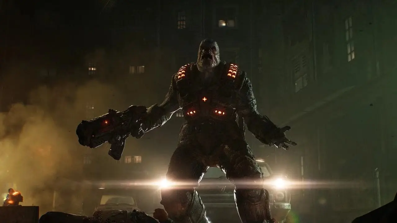 Consola Xbox Series X con personajes del día electrónico de Gears of War en el fondo